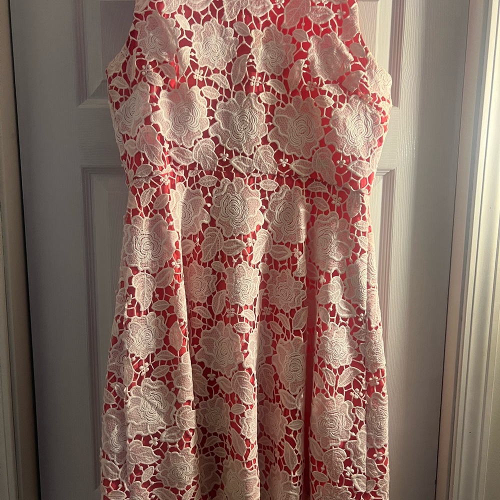 Karl Lagerfeld Crochet Lace Overlay Coral Fit Flare Wedding Guest Dress NICE!